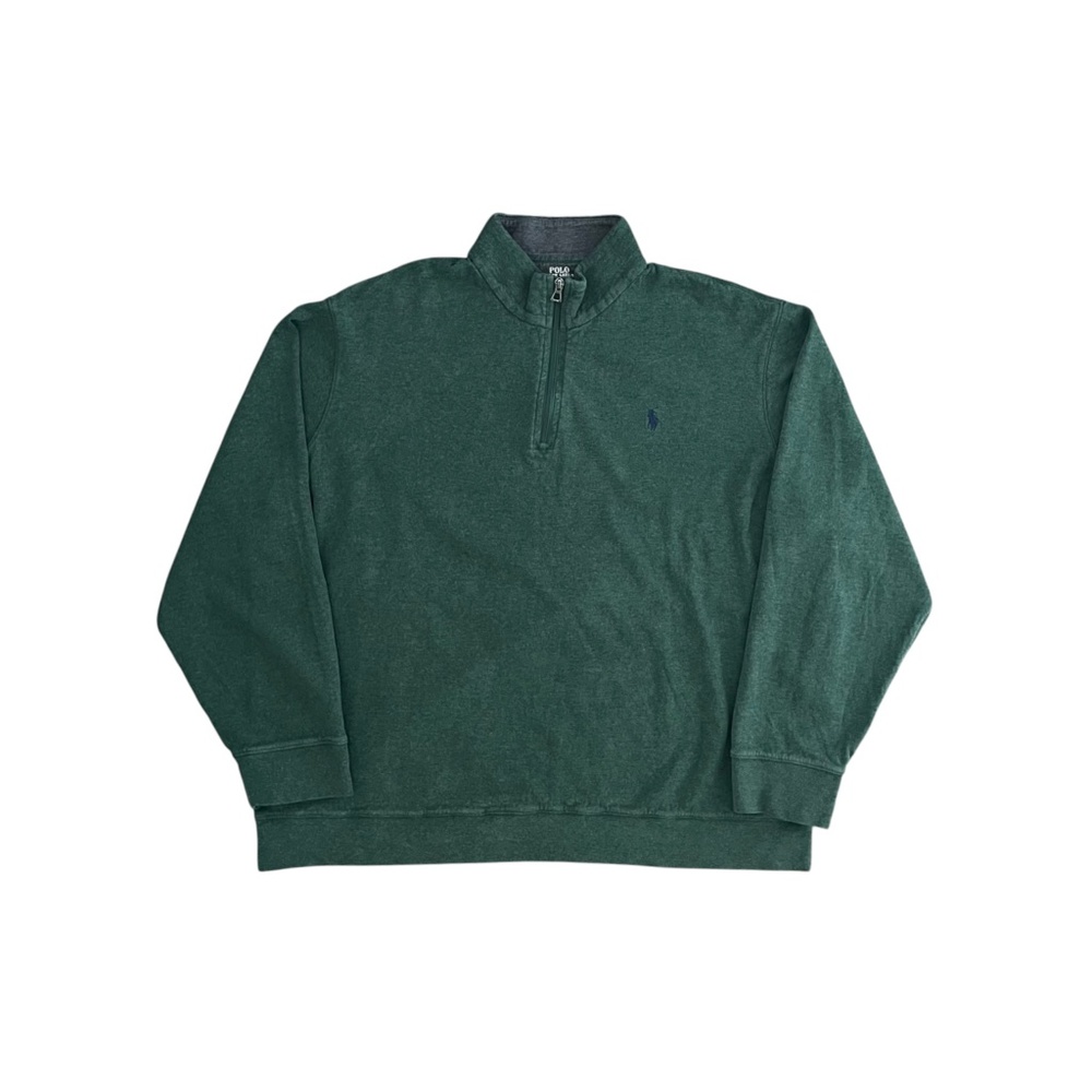 Polo Ralph Lauren Sweater Men's 2XL Olive Green Mock Neck Quarter-Zip Blue Pony